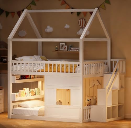Image of Bellemave Bunk beds Full Over Full with Storage Stairs,Two Placement Methods,House bunk Bed, White