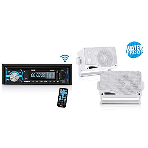 Pyle Marine Bluetooth Stereo Radio - 12v Single DIN Style Boat(Black) With 3-Way Weatherproof Outdoor Speaker Set - 3.5 Inch 200W Pair of Marine Grade Mount Speakers(White)