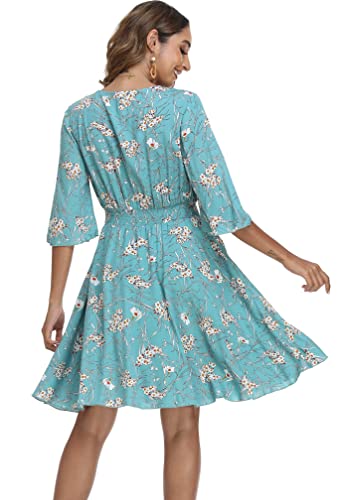Image of VintageClothing Women's Floral Sundresses Flowy Boho Summer Beach Dress | Lightweight Breathable material,Elegant V Neck and Button Front Design,Flared Bell Sleeve Cut,Mini Casual dress