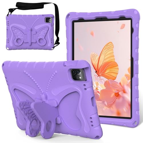HUAUQAN Funda para iPad Air de 11 pulgadas (M3 2025 7ª/M2 2024 6ª), ligera funda protectora de EVA apta para niños, a prueba de golpes, correa de hombro, funda de mariposa para niños (morado)