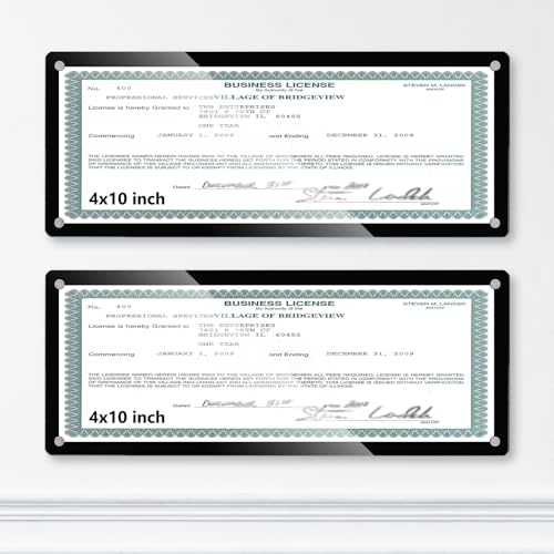 2 Pack 4x10 Wall Mount Business License Display Frame Magnetic Acrylic Business License Certificate Frame with Tape Panoramic Picture Frames Black for Office Home Tabletop