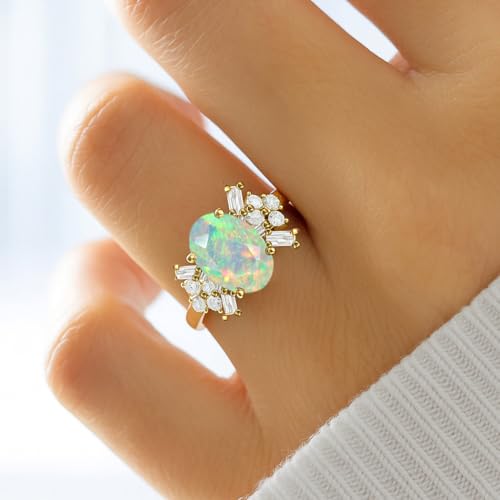 Designer Ring with Central Oval-Cut Natural Black Opal Gemstone and Baguette and Round Cut Side Stone for Women in 14K Yellow Gold Plated | Wedding, Anniversary, Promise Rings for Her2
