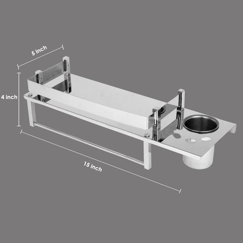 Image of Anti Rust Stainless Steel Multipurpose Bathroom Shelf with Towel Rack and Toothbrush Holder | (15(L) X 5(W) X 4(H)) inch (Pack of 2pc)