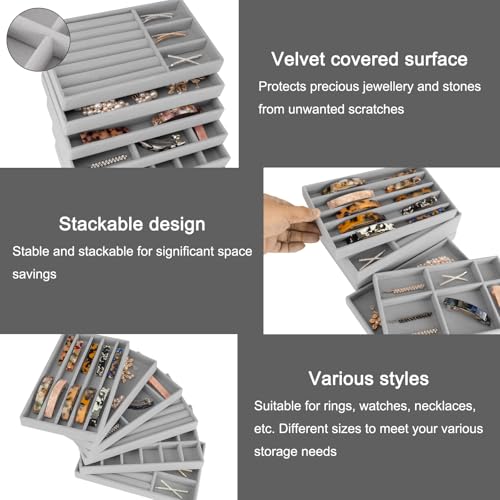 12Pcs Velvet Stackable Jewellery Trays, BOJVESH Grey Jewellery Drawer Organiser, Large Removable Display Jewellery Tray, Necklace Bracelet Storage Box for Earring, Ring, Brooch, Watch - Image 2