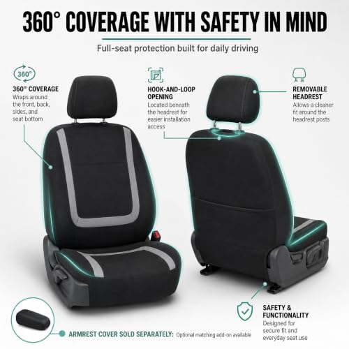 Image of FH Group Car Seat Covers Front Set in Cloth for Low Back Car Seats with Removable Headrest, Universal Fit, Automotive Washable for SUV, Sedan, Van Gray