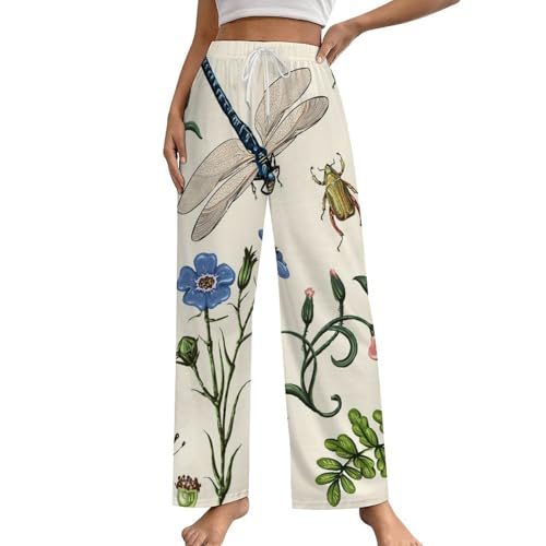 Pantalon de pyjama femme libellule et papillon en taille S avec poches latérales