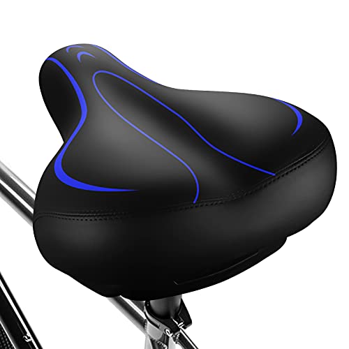 Xmifer Oversized Bike Seat, Comfortable Bike Seat - Universal Replacement Bicycle Saddle - Waterproof Leather Bicycle Seat with Extra Padded Memory Foam - Bicycle Seat for Men/Women (Blue)