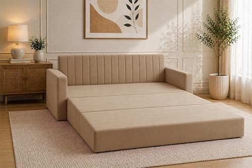 Image of Modern Velvet 3-Seater Sofa Cum Bed with Armrest, Convertible Sleeper Couch Sofa for Living Room, Bedroom & Office-Golden