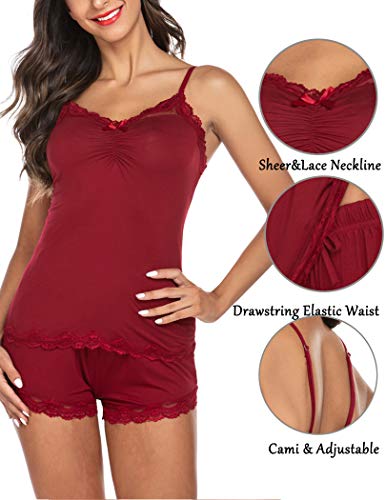 Avidlove Red Two Piece Set Sexy Cami And Shorts Pajama Set Women Sleepwear Lace Sleep Set Modal Loungewear Wine Red, M #TOP2