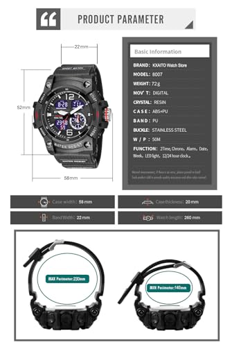 KXAITO Men's Analog Sports Watch Military Watch Outdoor LED Stopwatch Digital Electronic Large Dual Display Waterproof Tactical Army Wrist Watches for Men 80073