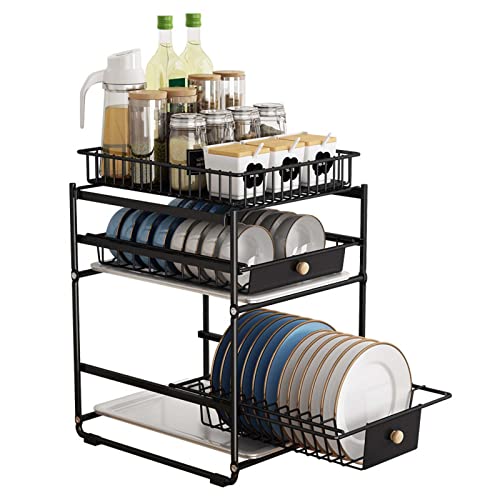 Escurridor de platos compacto de 3 niveles, juego de escurridor de platos de cocina, estante de drenaje para el hogar, estante de cocina multifunción, organizador de cajones, color negro