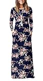 GRECERELLE Women's Long Sleeve Loose Plain Floral Print Maxi Dresses Casual Long Dresses Pockets FP-Rose Navy-Large