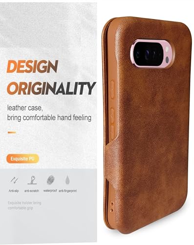 Image of Premium Vegan Leather Phone Cover with Card Slot - Slim, Durable, Privacy Protection, Kickstand Function, Elegant Flip Wallet Cases Compatible for Google Pixel 9A (Brown)