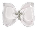 White Cross Rhinestone Hair Bow Clip, Baby or Big Girl, Baptism, Communion