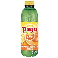 PRODUIT : Boisson PAGO ACE à l'orange, carotte et citron vitaminée en bouteille de 75cl. La star incontournable de la gamme PAGO. COMPOSITION : Jus d'orange, jus de citron et jus de carotte à base de concentrés. Arômes naturels. Sans colorant artific...