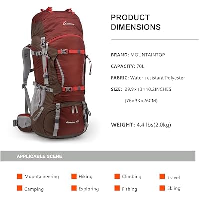 MOUNTAINTOP 70L Internal Frame Backpack Camping Backpacking Hiking Backpack for Men Women with Rain Cover