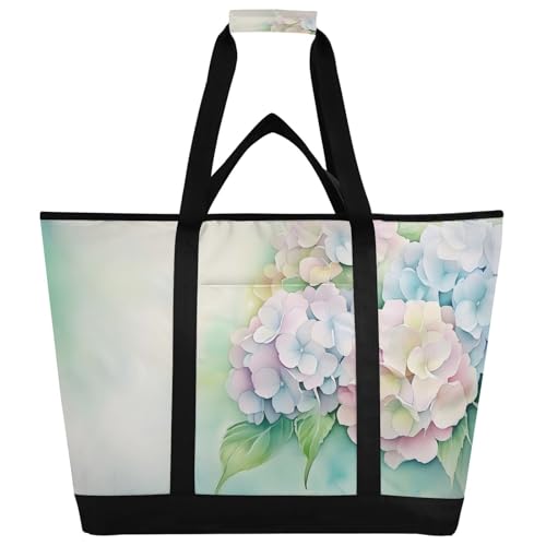 Large Insulated Tote Bag Hydrangea Colorful Retro for Grocery Shopping Reusable Tote Bags for Women Men, Cooler Bag with Zippered Top & Handles for Beach Picnic Travel