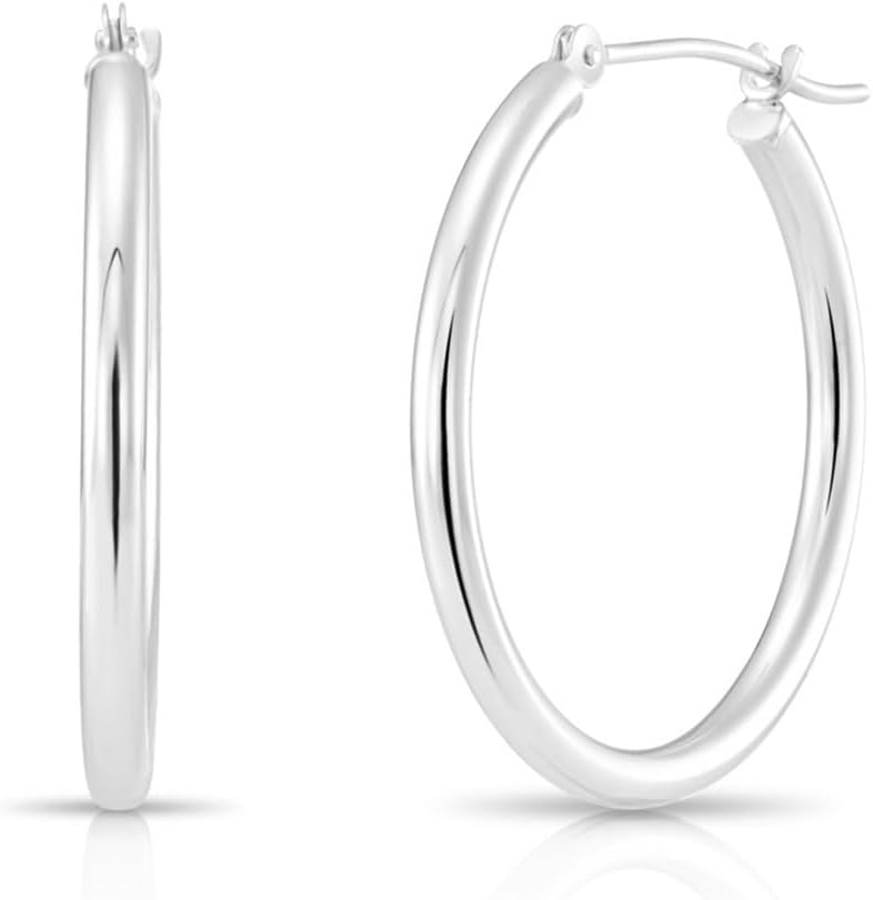 Classic 10K White Gold Hoop Earrings - Shiny Polished Plain Round Gold Hoops for Women and Men