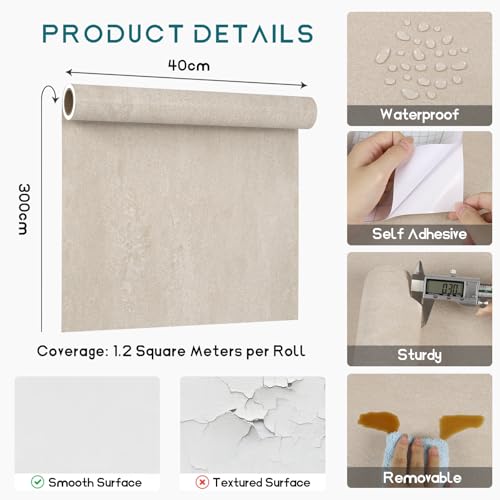 VEELIKE Minimalistisches Beige Marmor Tapete Marmoroptik Matt Selbstklebende Tapete Badezimmer Wasserfest Marmor Folie Arbeitsplatte Küche Rückwand Tisch Klebefolie Marmoroptik Beige 40 cm × 300 cm
