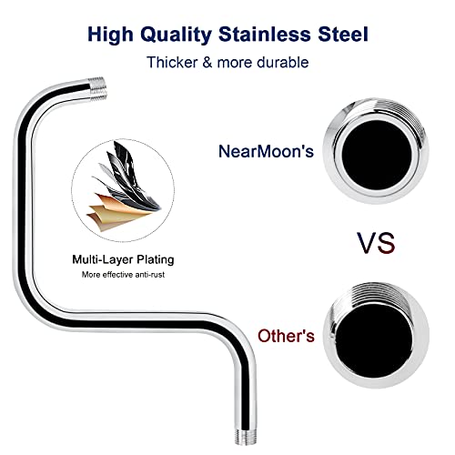 Nearmoon S Shape Shower Extension Arm With Flange, Stainless Steel High Rise Shower Head Extender Pipe, Horizontal Extension Standard 1/2" Connection- Bathroom Accessory, 13 Inch (Chrome Finish) #TOP2