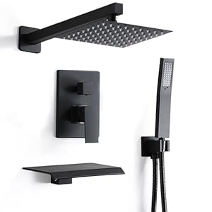 8 Inch Shower Faucet Set, Rainfall Shower System with High Pressure Handheld Shower Head, Bathroom Mixer Shower Set Wall Mounted Rough-in Valve and Trim Kit, with Tub Spout