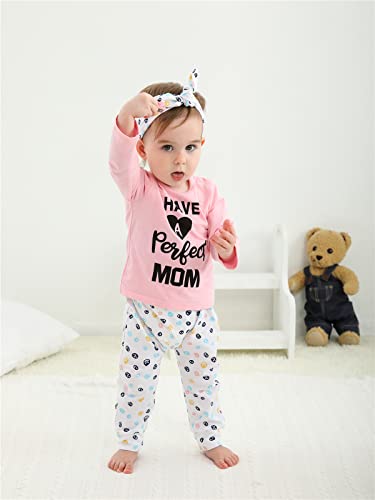 KuKitty 3Pcs Baby Girl Outfits Set I Have A Perfect Mom Long Sleeve T-Shirt Tops Dot Printed Pants with Headband (9-12 Months)