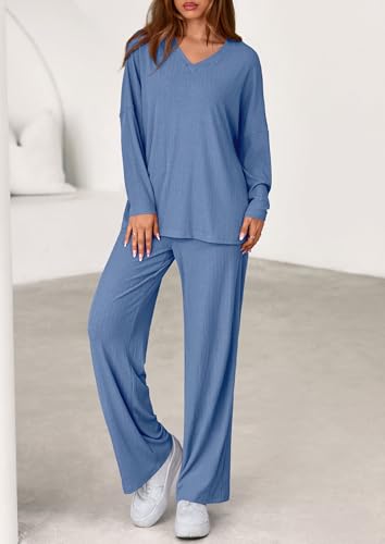 PRETTYGARDEN 2 Piece Lounge Sets for Women Fall Outfits 2025 Casual Loose Long Sleeve Tops Wide Leg Pants Matching Pajama Set