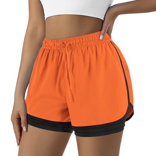 Yevrimow Womens 2 in 1 Running Shorts for Gym Yoga Workout Athletic Shorts High-Waisted Shorts with Liner Pockets Orange-XXL