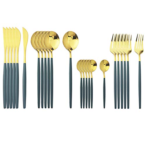 Green Handle Gold Silverware Set, BRIIEC 24-Piece Stainless Steel Shiny Cutlery Eating Utensils Flatware Set for 6, Dishwasher Safe