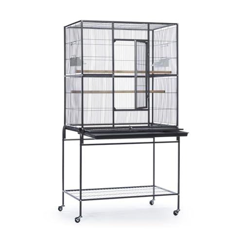 Image of Prevue Pet Products Flight Cage with Stand - Large Metal Bird Cage with Removable Tray, Wood Perches, Double Feeders & Storage Shelf on Rolling Casters, Ideal for Small to Medium Birds - Black