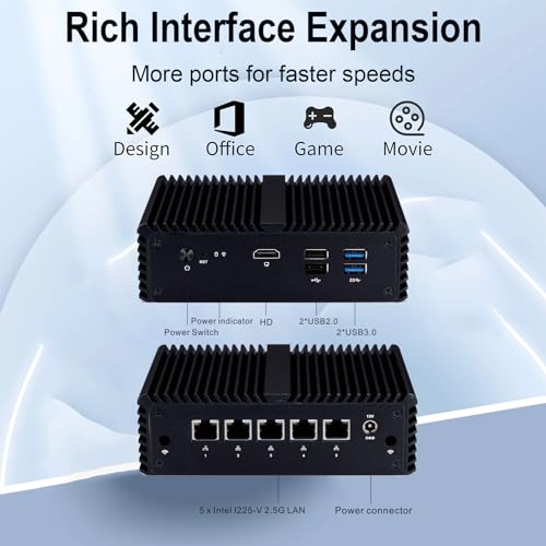 Image of Firewall Mini PC J4125, Fanless PC with Celeron J4125, 8G DDR4 RAM 64G SSD, 5 Intel I225-V 2.5G LAN, K4125L5 Mini Router Server Firewall Appliance, Support AES-NI