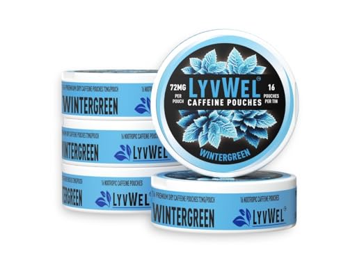 Image of LyvWel 72mg Caffeine Energy Pouches - Wintergreen - Crisp Mint Energy with Guarana - 5-Pack (80 Total Pouches)
