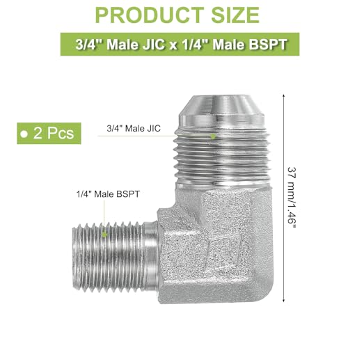 Image of PATIKIL 90 Degree Pipe Adapter, 2 Pcs 3 /4 inch Male 37 Flare JIC x 1 /4 inch BSPT Male Connector Carbon Steel Elbow Fitting for Air Hydraulic Fluid Fuel Water Oil, Silver