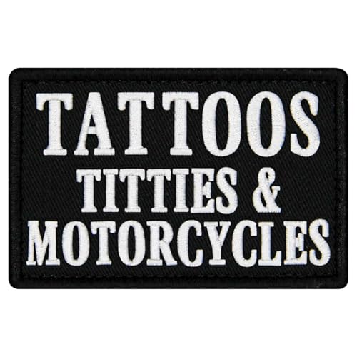 EmbTao Tattoos Titties & Motorcycles Patch Embroidered Biker Badge Funny Applique Hook & Loop Emblem