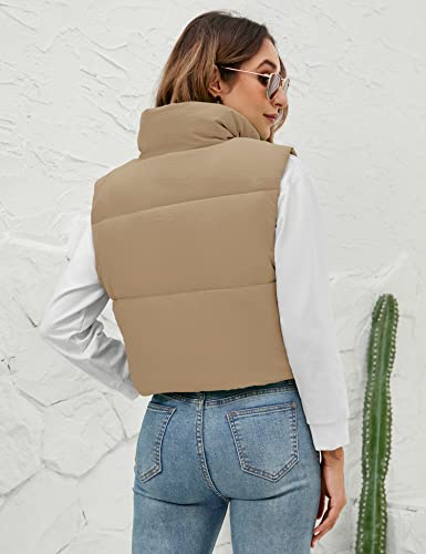 Akewei Warm Puffer Vest For Women Cute Cropped Cotton Vests Sleeveless Bomber Jackets Winter Down Jacket Outwear (Khaki,M) #TOP3