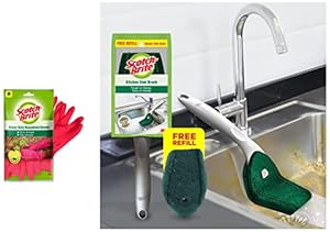 Scotch-Brite Heavy Duty Gloves (Medium)(Red) Plastic Kitchen Sink Brush (Silver)