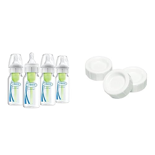 Dr. Brown's Natural Flow Anti-Colic Options+ Biberones estrechos de 4 onzas (paquete de 4) con pezón de flujo lento 0.0 ft+, incluye tapas de viaje,