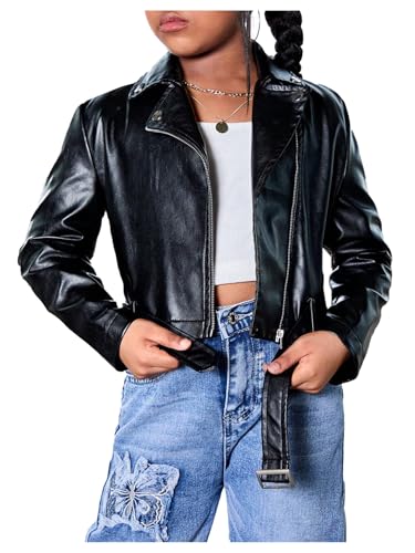 Girl's Zip Up Crop Jacket Fax PU Leather Long Sleeve Collared Outerwear Coats