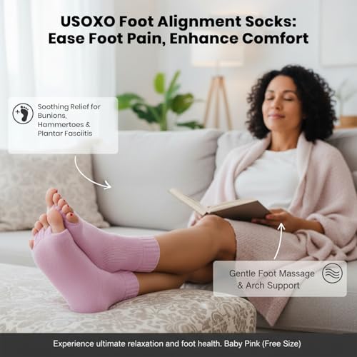 Image of Foot Alignment Socks|Cotton Finger Toe Separator|Easing Bunion Hammertoe And Arthritis Pain Relief|Improving Posture & Increasing Flexibility|Free Size For Office Yoga Men & Women (Baby Pink)