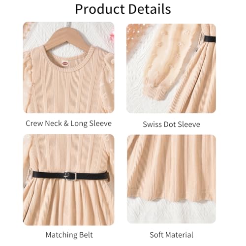 Little Girls Fall Winter Puff Long Sleeve Swiss Dot Dresses A-Line Knit Dress with Belt for Kids Size 4-124