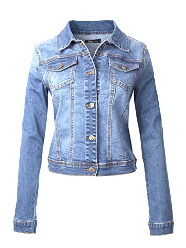 Design by Olivia Women's Classic Stretch Denim Jacket - Slim Fit Long Sleeve Button Up Casual Jean Coat Light Denim 3XL