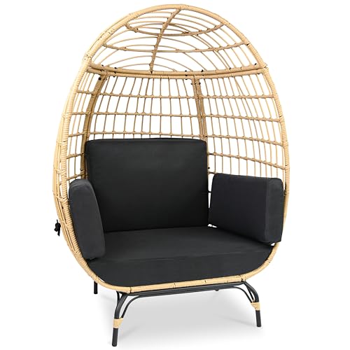 SereneLife Indoor/Outdoor Wicker Rattan Egg Chair with Cushions, Patio Hanging Egg Chair with Steel Frame, Washable Pillows, for Porch, Deck, Garden or Bedroom, 440 lbs. Capacity by SereneLife - Used condition - US$158.97