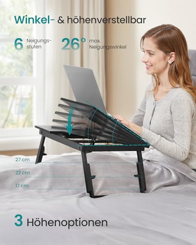 SONGMICS Laptoptisch für Bett, Laptopständer, Winkel & höhenverstellbar, klappbare Beine, für Laptops bis 15,6 Zoll, Arbeiten, Lesen Bambusbeine, Schublade, 55,5 x 34,9 cm, ebenholzschwarz LLD105BE01