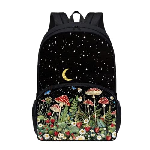 Pinupub Mushroom Strawberry Print Backpack For Boys Girls Breathable Soft 17 Inch Elementary School Bag With Front Pocket