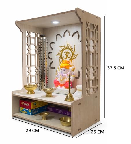 Image of Beautiful Wooden Pooja Stand for Home, Temple, Office, Wall Mounted Puja Mandir with LED Spot Light Size (L- 29 CM, W- 25 CM, H - 37.5 CM)
