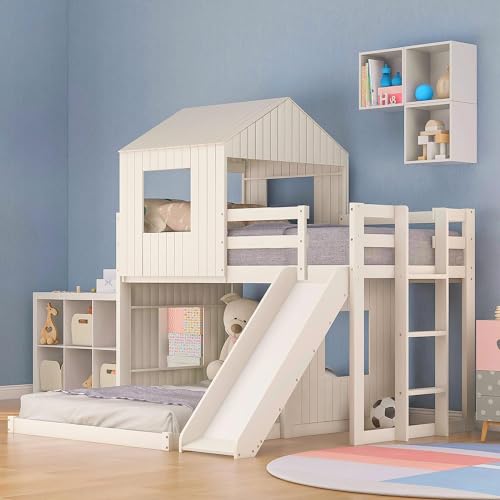 Harper & Bright Designs House Floor Bunk Beds with Slide, Wooden Twin Over Full Bunk Beds with Slide, Roof and Guard Rail for Kids, Teens, No Box Spring Needed (White, Twin Over Full Size)