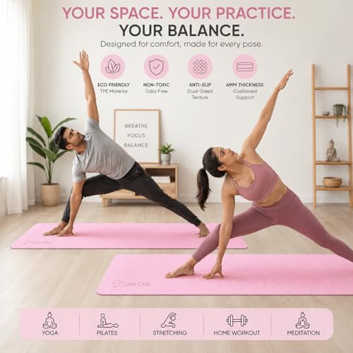 Image of The Cube Club Yoga Mats Extra Thick Non Slip Exercise Mats for Workout with Carrying Strap & Bag Eco Friendly AsanaTPE Yoga Mat for Men & Women 6MM Gym Mat (Pink, TPE Mat)