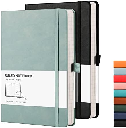 RETTACY Notepad A5 Lined 2 Pack - Leather Journal with 376 Numbered Ruled Pages, Hardcover Notebook,2 Free Sticky Notes Divider,8 Perforated Sheets, Pen Loop, Inner Pocket, 14.5 x 21cmBlack Cyan