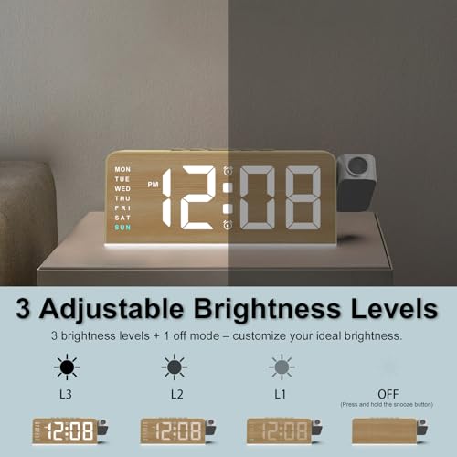 Projection Alarm Clock for Bedroom, Digital Night Light Clock with 180° Projector on Ceiling, 3 Level Brightness, USB Charger, Temperature, Dual Alarms for Kids, Heavy Sleepers, Snooze, 12/24H (Wood) - Image 3