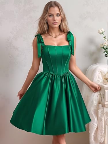 Monlity Satin Homecoming Dresses for Teens with Pockets Spaghetti Straps Pleated A Line Prom Dress Short Wedding Dress4